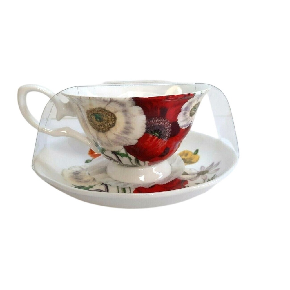 Stechcol Gracie Bone China Tea Cup and Saucer Set Red Poppy Floral White Anemone